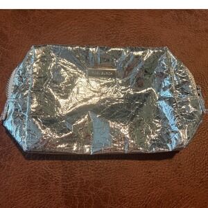Tory Burch Silver Metallic Crinkled Cosmetic Pouch Makeup Travel Bag Logo Plaque